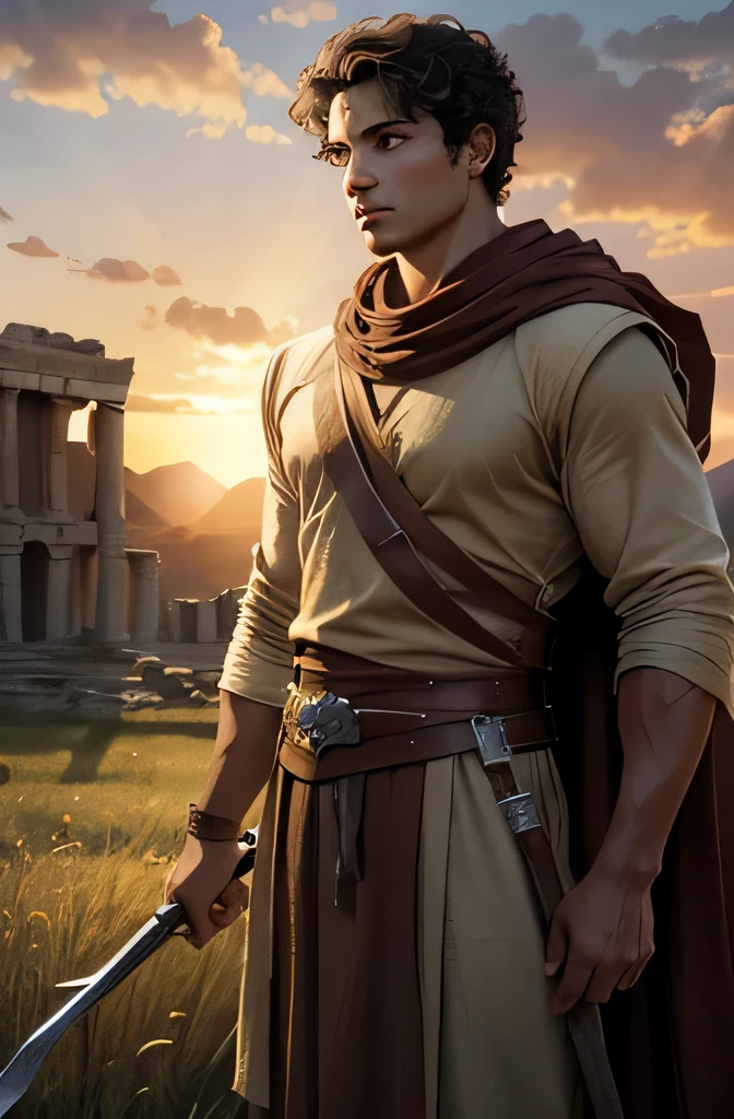 Create an image of a young man on a battlefield with ancient ruins in the background at sunset. The man must have brown skin, short curly hair, brown eyes, and a determined expression. He must be dressed in a simple robe and holding a sling. The atmosphere must convey courage and faith. Use 8k resolution, with historical realism rendering style. The lighting should be the golden light of a sunset, with ultra-fine details. The image should tell the story of David on the battlefield, highlighting his courage and faith as he faced the giant Goliath. The face must be detailed, with lots of details.