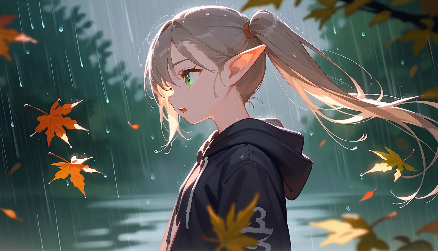 1Young girl,Beautiful light and shadow,Brown side ponytail,Green eyes,Hoodie,Profile,Gray day,rain,Blurred leaves in the foreground,stand up straight,open mouth,((Straighten your arms)),(belt),(The elf ball in hand),Ibrahimovic