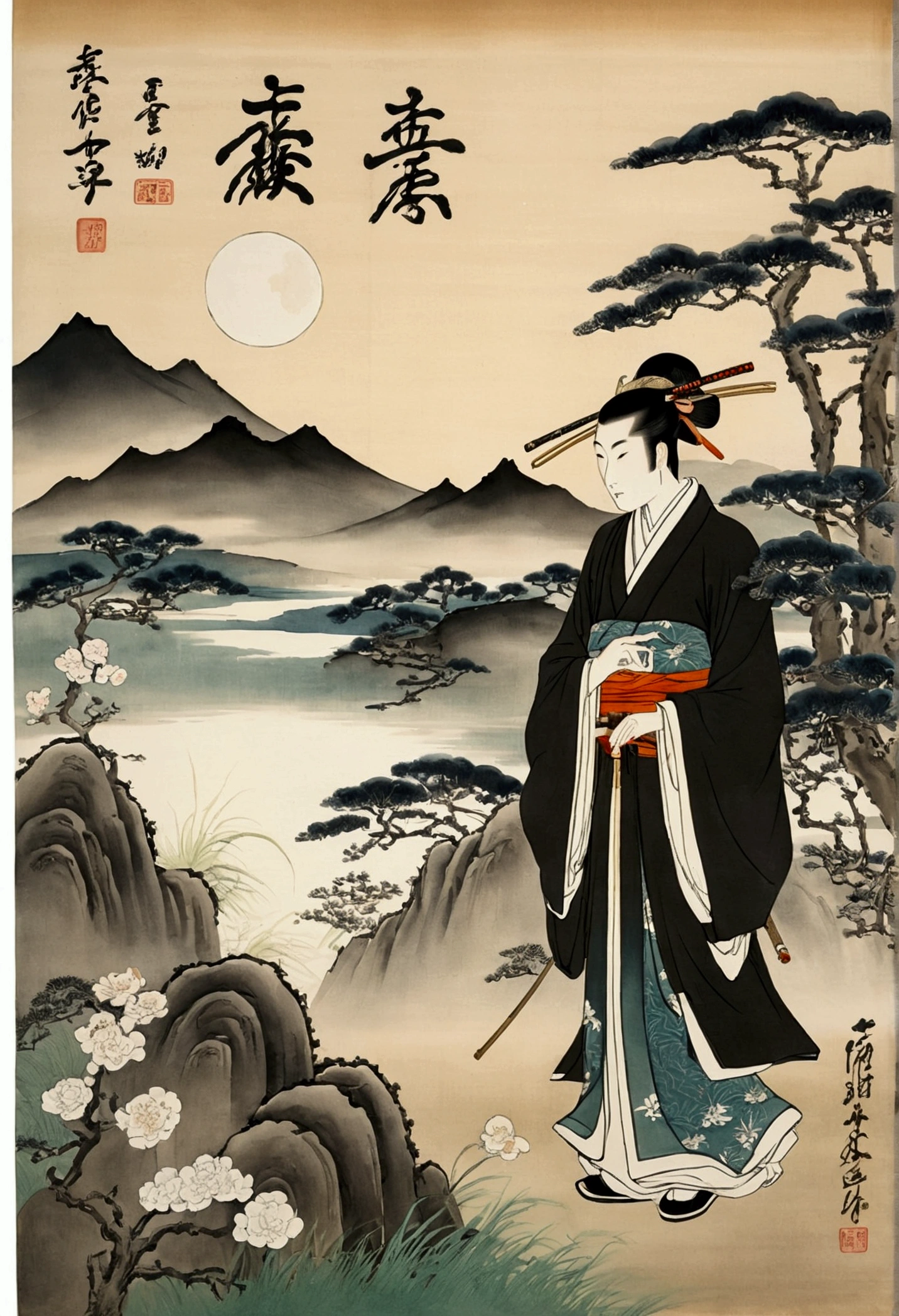 Saints and gentlemen of the Heian period、Hunting clothes、Ink Painting、calligraphy、Shades of ink、A tasteful garden、Moonlit Night、distant mountains、Calm expression