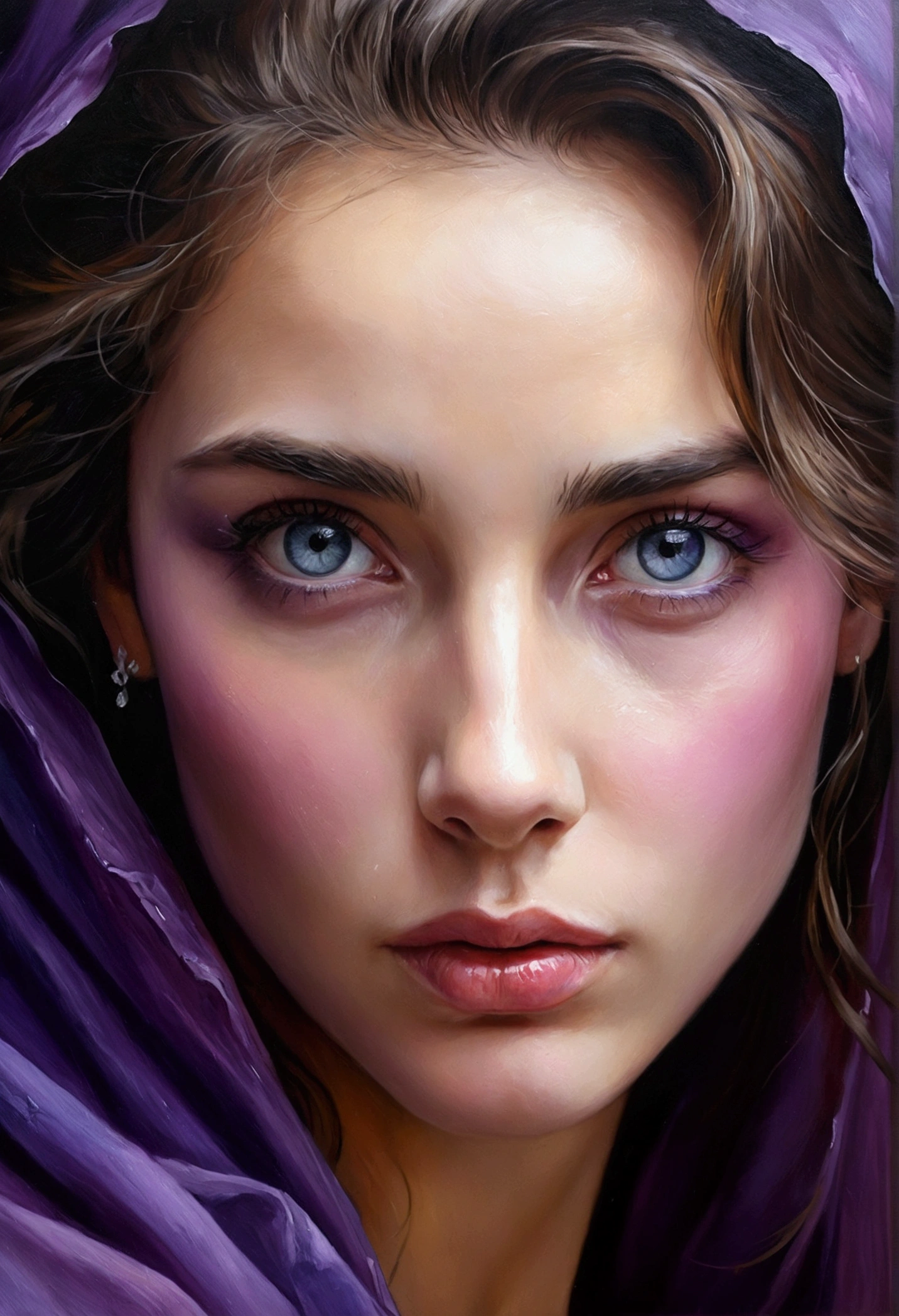 woman in oil painting.Very beautiful face.But with a sad look.Lovely eyes seem to know all the secrets.Turn around and face the deep purple mist in the distance in the picture.Go further and further Go further and further..