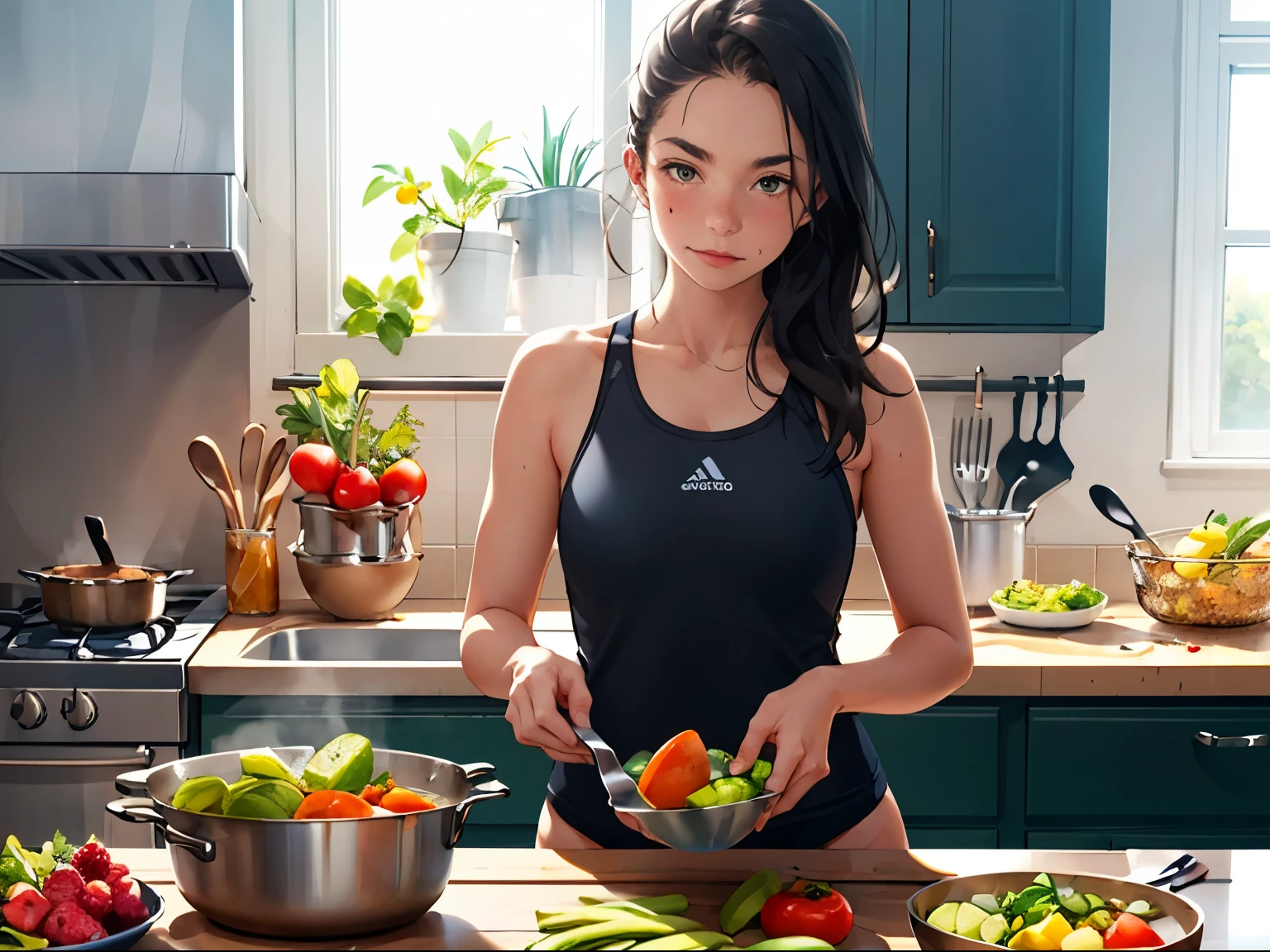 Health-conscious girl wearing exercise clothes Cooking healthy meals in a minimalist kitchen There are raw vegetables and fruits.