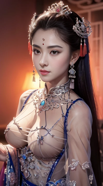 masterpiece, best quality, 1 girl, ((Large Breasts)， Long hair，(Siamese transparent black silk)，(On clothes，Breast position，There are jewelry，Five circles, )，Looking at the audience, (precise、Perfect face shape:1.3)，（Beautiful fingers），(Crotch front display)，Ultra HD，Ray Tracing,，reflected light， Correct structure，The award-winning，High Detail，Reduce shadow contrast，Facial lighting ，Cinema Lighting，masterpiece，Super Detail，high quality，High Detail， best quality，16K，High contrast，Close-up of woman, A young woman plays, Chinese Empress, yun ling, song nan li, , gujian,  zhao yun, Chinese Princess