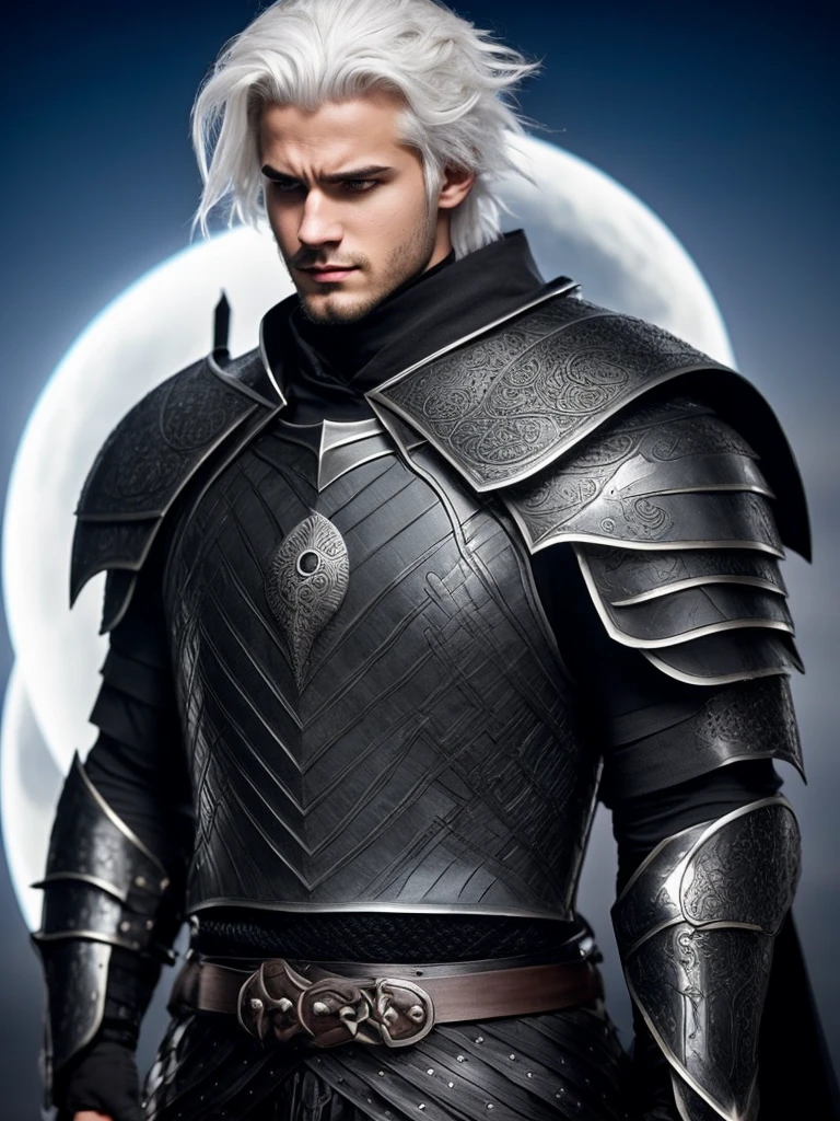 young man, white hair, hair tied at the base of the neck, wearing black armor with a circle of force symbolizing an eclipse on the chest of the armor, carrying a grand black sword