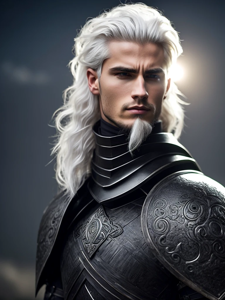 young man, white hair, hair tied at the base of the neck, wearing black armor with a circle of force symbolizing an eclipse on the chest of the armor, carrying a grand black sword
