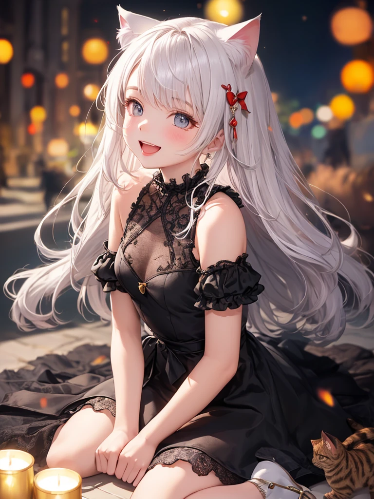 (masterpiece),(Highest quality:1.2),(Perfect Anatomy),1 girl,((alone)), (Cat ear:1.3),(wariza:1.3),(v Arms),Exquisite detail,Vibrant colors, Soft tones, Warm and gentle lighting,(Black dress, Beautiful frills:1.2),Beautiful attention to detail,White Hair,Small breasts,(White Tail),(Look at me sideways),(From the side),smile,The atmosphere is full of happiness and laughter,Combination of digital illustration and photography,Soft pastel tones,Creates a dreamy and fantastical atmosphere,Written boundary depth, Bokeh,Cinema Lighting,Idyllic Scenery