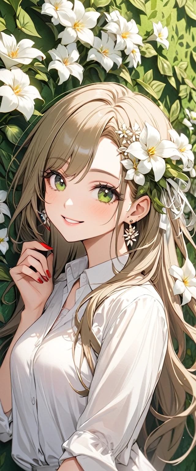woman with White  shirt and White flower in hair in front of green flower wall, 1girl, solo, flower, jewelry, hair ornament, earrings, hair flower, red nails, smile, long hair