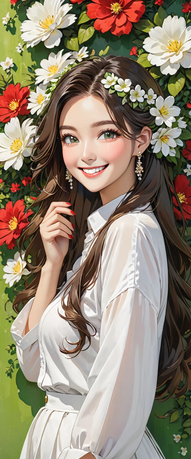 woman with White shirt and White flower in hair in front of green flower wall, 1girl, solo, flower, jewelry, hair ornament, earrings, hair flower, red nails, smile, long hair