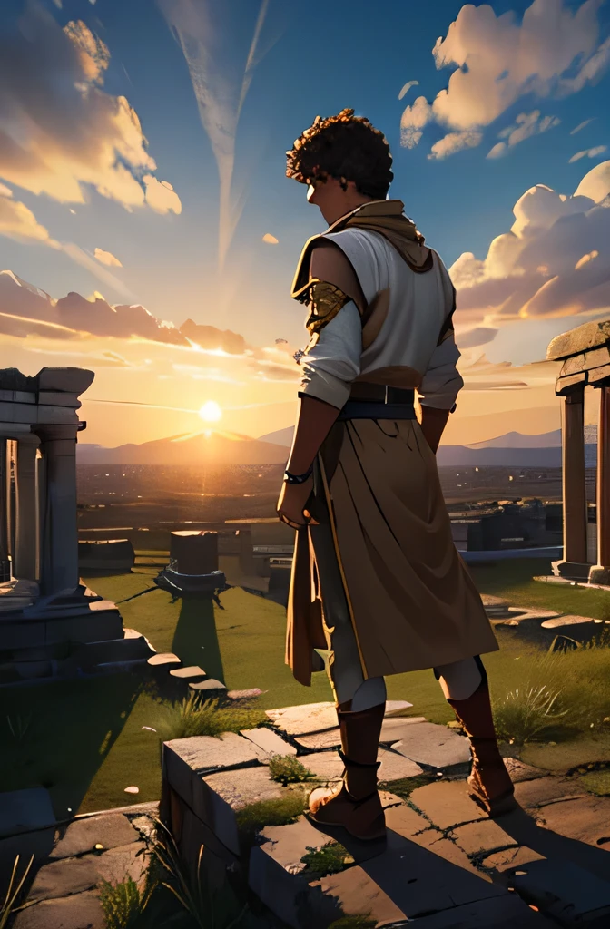 Create an image of a young man on a battlefield with ancient ruins in the background at sunset. The man must have brown skin, short curly hair, brown eyes, and a determined expression. He must be dressed in a simple robe and holding a sling. The atmosphere must convey courage and faith. Use 8k resolution, with historical realism rendering style. The lighting should be the golden light of a sunset, with ultra-fine details. The image should tell the story of David on the battlefield, highlighting his courage and faith as he faced the giant Goliath. The face must be detailed, with lots of details.