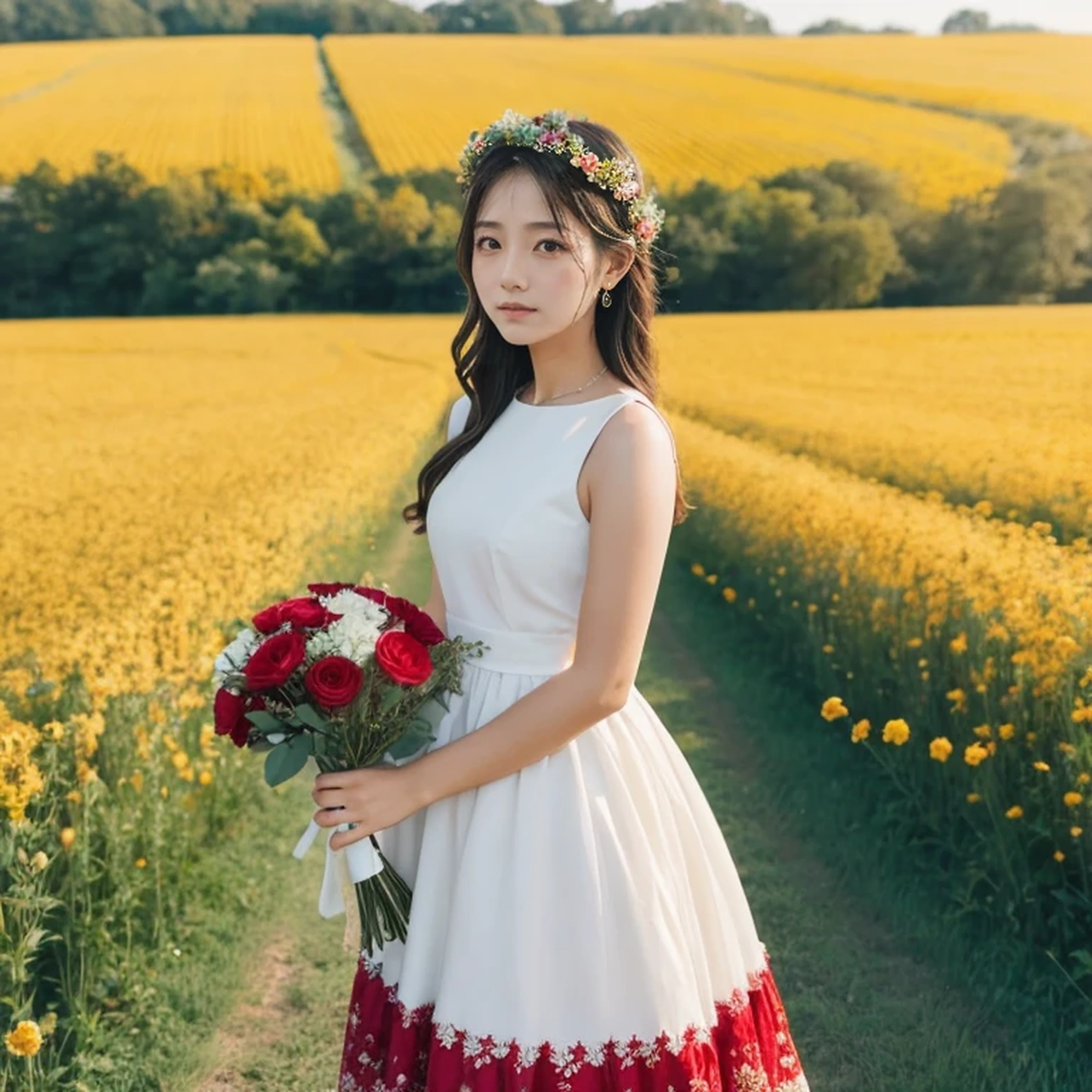 She is wearing a red and white dress and holding a bouquet of flowers., Girl in Flowers, Flower picking, Holding flowers, Flower picking, Girl standing in a flower field, Girl standing in a flower field, Presenting flowers to the heir&#39;cheek, flower garden girl, Portrait of a girl in a flower garden, Girl walking in the forest, Girl with flower head