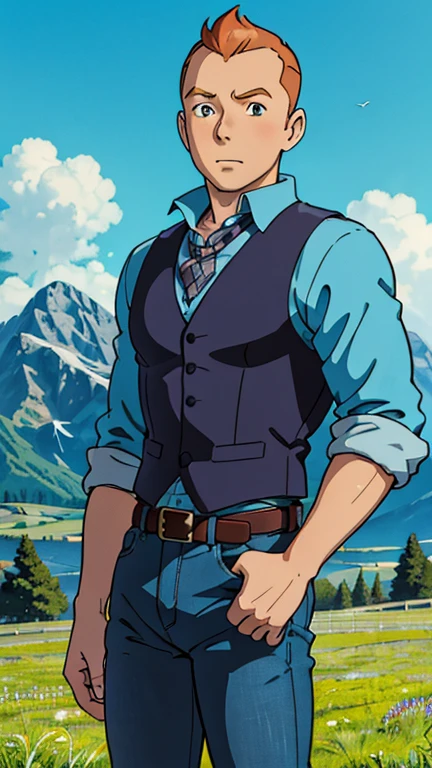 (Teens:1boy: Tintin,sexycowboy), (extremely detailed CG unit 8k wallpaper),(master part), (best quality), (ultra detali), (best illustration),(melhor ombre), cowboy shot, (Sharp eyeliner, ombre, detailed eyes:1), mountains in the background, ranch land, ,break , (ghibli style), upper body,short hair, orange hair, blue shirt/black vest, pants/chaps/jeans, denim/plaid, neckerchief, belt