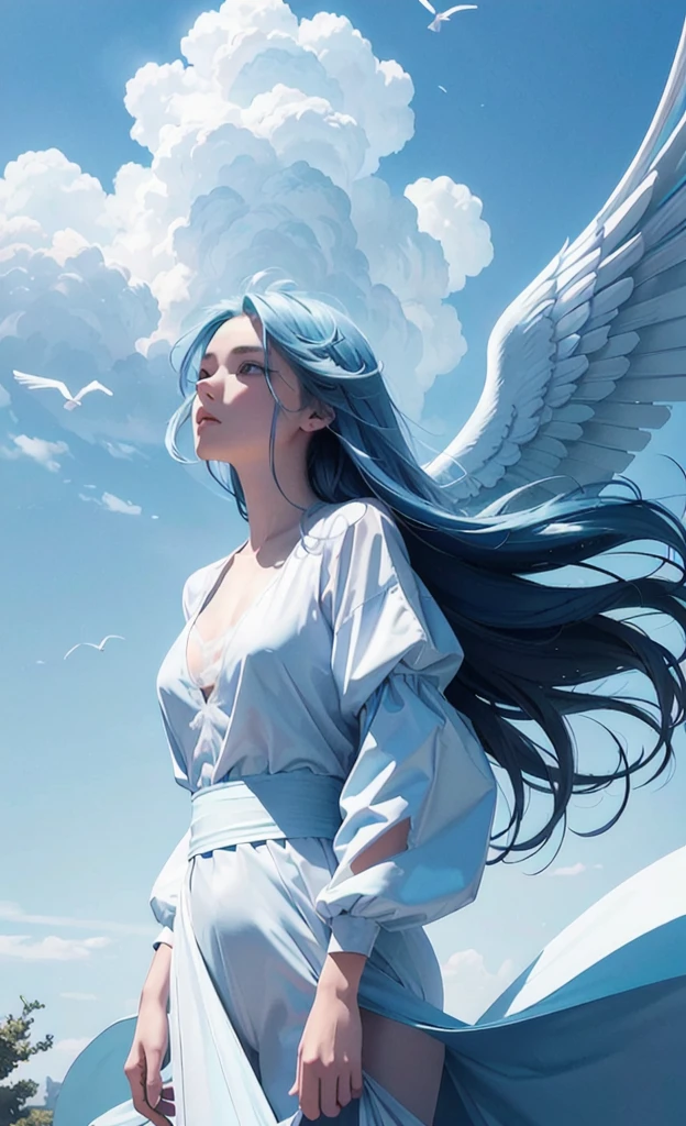 1 girl solo, masterpiece, Highest quality, Ultra-high resolution, Very detailed, Award-winning paintings, Archangel,Large angel wings growing on his back((Sky blue gradient color)),Long hair blowing in the wind((White)),parted_lips, Perfect Eyes,Visually stunning, beautiful, artistic,  Focus on the face, 

