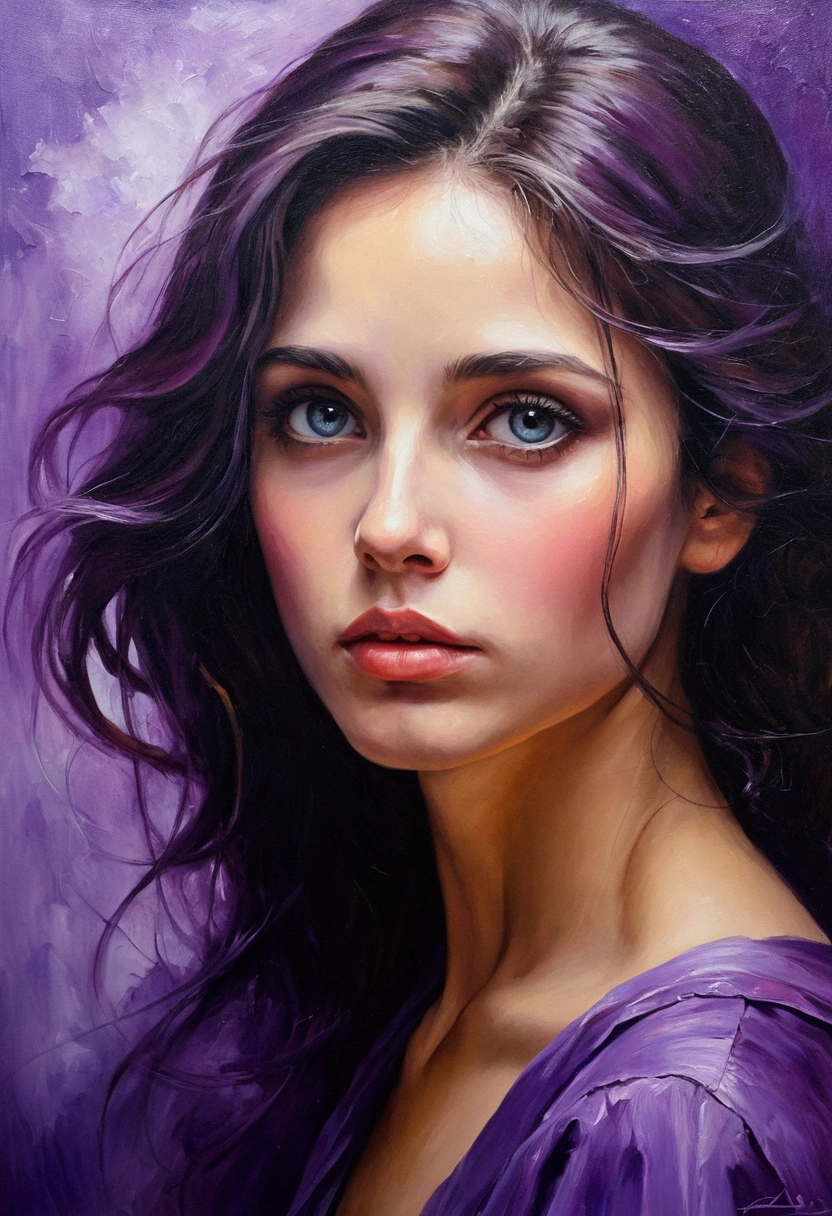 woman in oil painting.Very beautiful face.But with a sad look.Lovely eyes seem to know all the secrets.Turn around and face the deep purple mist in the distance in the picture.Go further and further Go further and further..