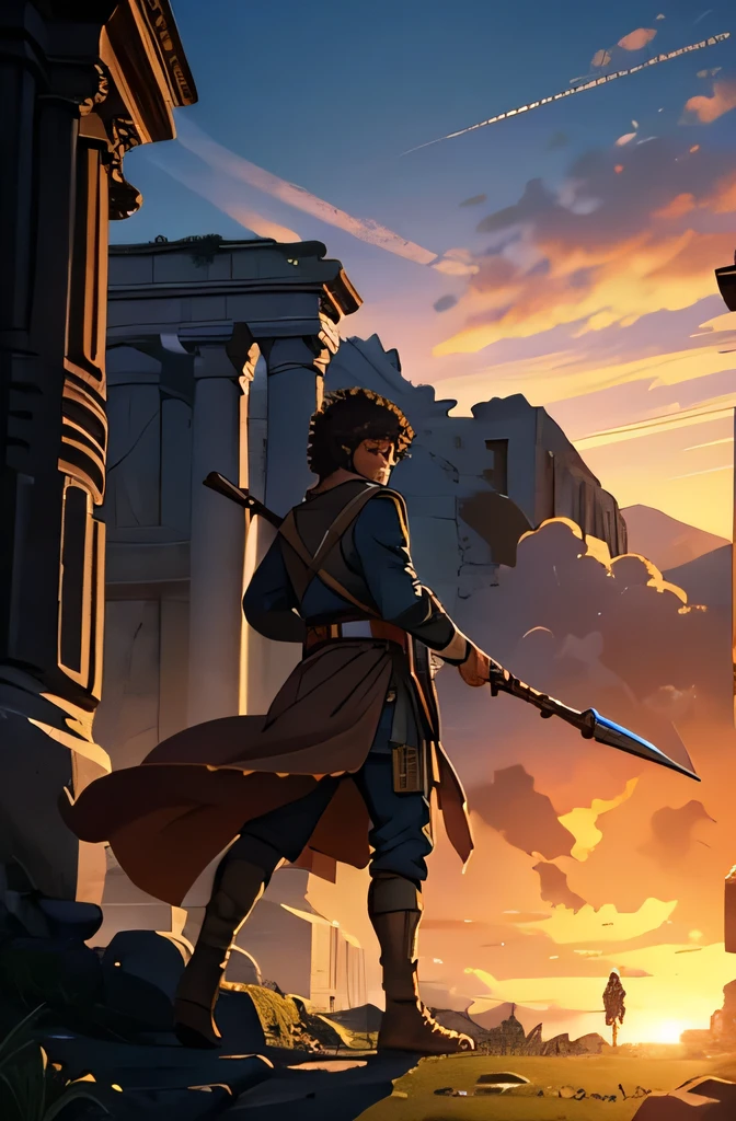 Create an image of a young man on a battlefield with ancient ruins in the background at sunset. The man must have brown skin, short curly hair, brown eyes, and a determined expression. He must be dressed in a simple robe and holding a sling. The atmosphere must convey courage and faith. Use 8k resolution, with historical realism rendering style. The lighting should be the golden light of a sunset, with ultra-fine details. The image should tell the story of David on the battlefield, highlighting his courage and faith as he faced the giant Goliath. The face must be detailed, with lots of details.