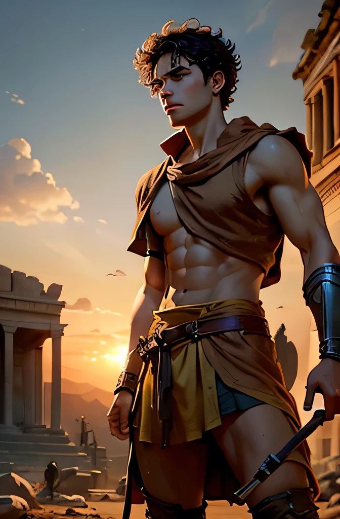 Create an image of a young man on a battlefield with ancient ruins in the background at sunset. The man must have brown skin, short curly hair, brown eyes, and a determined expression. He must be dressed in a simple robe and holding a sling. The atmosphere must convey courage and faith. Use 8k resolution, with historical realism rendering style. The lighting should be the golden light of a sunset, with ultra-fine details. The image should tell the story of David on the battlefield, highlighting his courage and faith as he faced the giant Goliath. The face must be detailed, with lots of details.