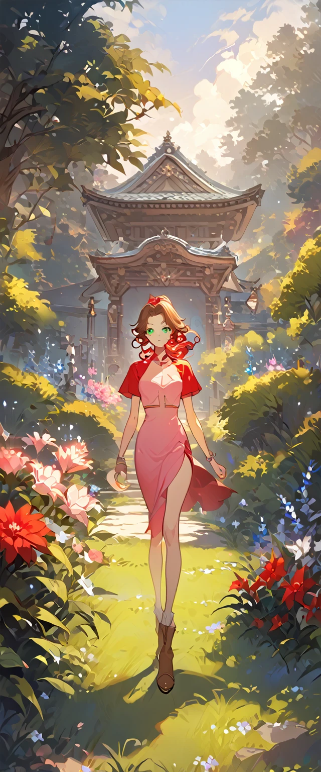 masterpiece, best quality, 8k, 4k, 1girl, aerith gainsborough, brown hair, high middle bang, longer side curly bang, long tight curly ponytail, green eyes, red hair ribbon, red bolero jacket, short sleeve jacket, cropped jacket, black tie choker, long pink straight dress, brown boots, bangles, walking in a garden, flowers, detailed background,, inspired by Asukaziye artist : ask, art style : ask