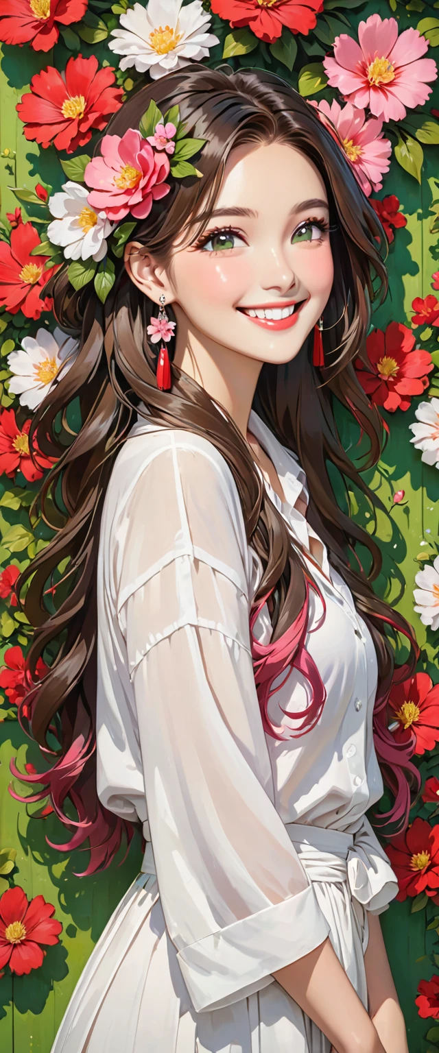 woman with White  shirt and pink flower in hair in front of green flower wall, 1girl, solo, flower, jewelry, hair ornament, earrings, hair flower, red nails, smile, long hair
