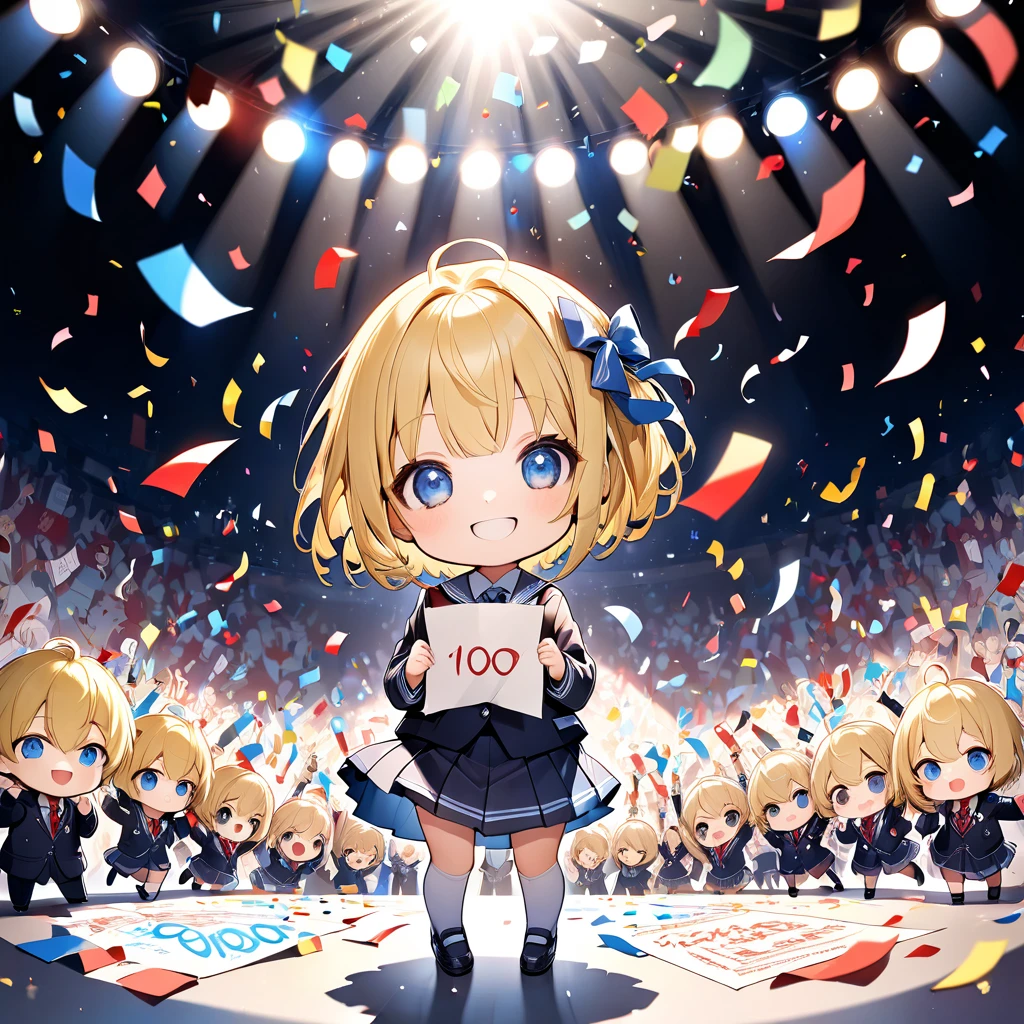 ultra-small deformation, Chibi Cute, 1girl, school girl, JK, solo, full body, blonde short hair, blue eyes, big smile, (she is holding and showing a large paper with red "100" written on it to the viewer), spotlight and confetti, High contrast and vivid color, Boys and girls are clapping around her