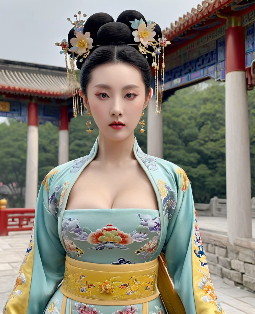 Portrait of the Empress of the Qing Dynasty，Standing with her large breasts exposed. The bare Empress of the Qing Dynasty, Show me her stomach, From thigh to ankle.。She is completely naked, Showing off gorgeous large flowers and hairpins, She tied her hair up and pulled it up, The background is the stone paving of a Chinese palace during the Qing Dynasty...