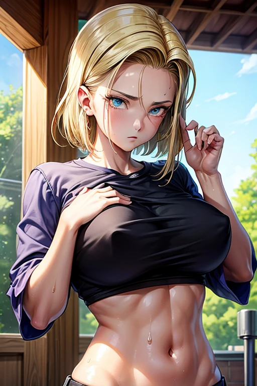 masterpiece, Highest quality,  Unreal Engine,  Super Resolution,  Very detailed, 

Beautiful woman, Android 18, Vivid expression, Healthy Body, Beautifully detailed sweat glands, Smooth skin texture, Carefully drawn, 

(humidity:1.2), Beautiful Eyes, (Attractive face:1.2), (Beautiful Skin), (Big Breasts), Puffy nipples, (Sticky with sweat), In a dynamic pose,

In the world of Dragon Ball, Outdoor, In the city of the future, 