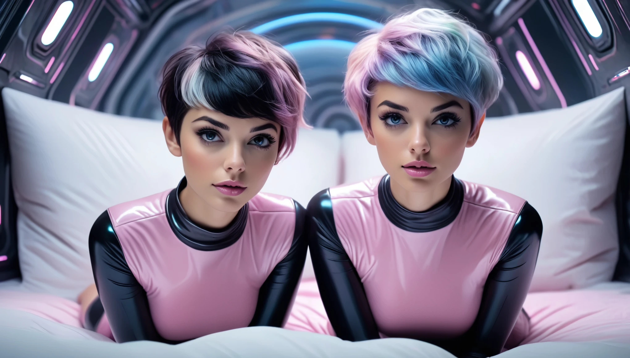 8k, high resolution, masterpiece, ultra-detailed, full body shot, ((2 cute girlfriends in rubber shirt, short sleeves, wide neckline, deep neckline, small perky breasts, extremely detailed face, beautiful detailed slightly open eyes, beautiful detailed lips, short asymmetrical pixie hair, small hips, in a spaceship, on bed, pastell)), ultra wide view