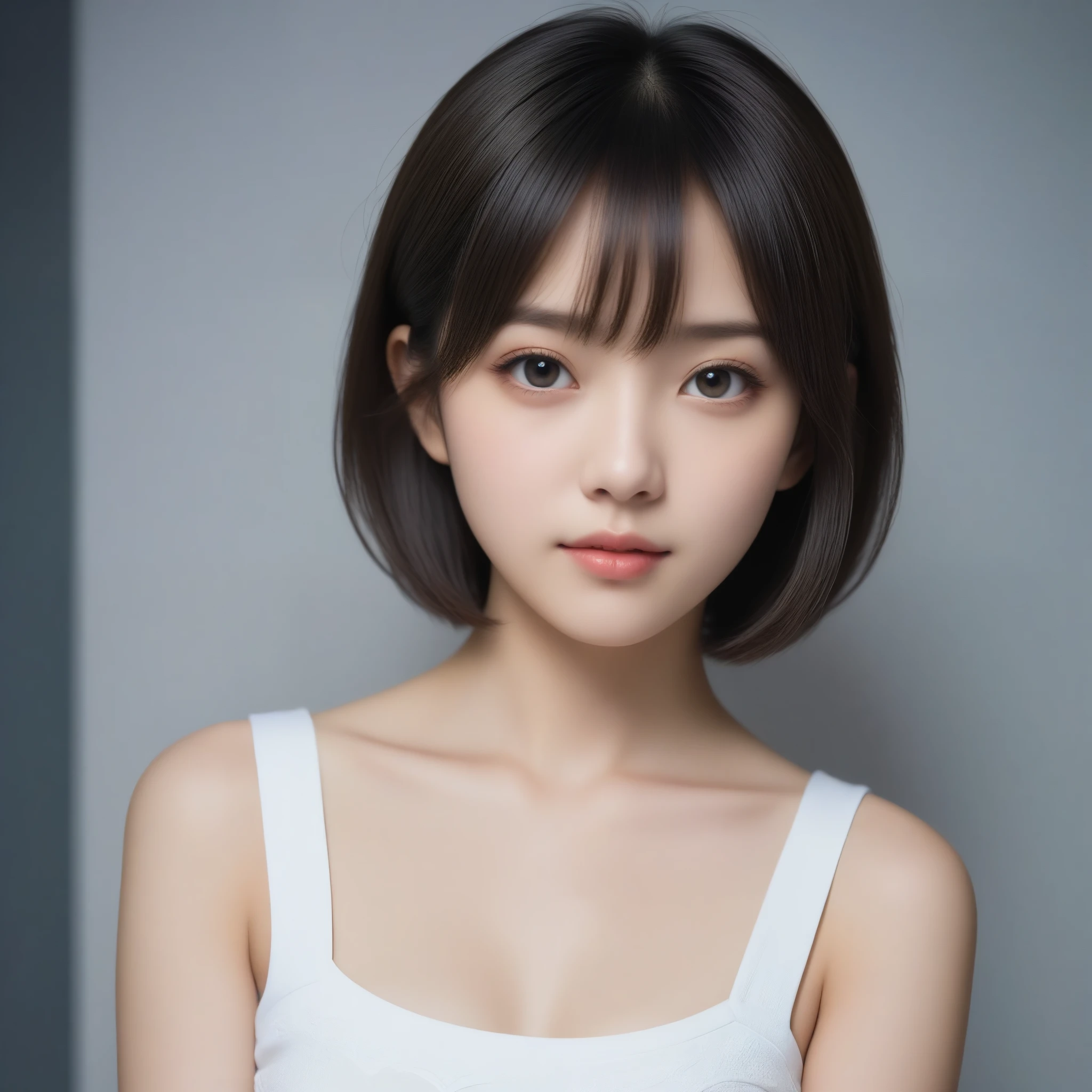 8k, Ultra-high resolution, Highest quality, masterpiece, 三分割法によるphotograph,Surreal, photograph, 1 Girl, (16 years old:1.3), pretty girl, Cute Face, Beautiful eyes in every detail, 細かくdetailedに,masterpiece,One Girl:1.2,Japan Female Teachers,extream close up,sad,glaring,Black short hair,Bob with bangs,(印象派の美しい少女のPortraiture),(Impressionist light and colour), (Avant-garde attire:1.3),(Fairy,Shiny Hair, Beautiful dark eyes, So cute and beautiful,16 years old, ), (smile:0.8),Sharp contours,Looking down, (A future never imagined), ((Abstract background)), Light from above, Low contrast, (Side view),, Perfect and beautiful face ,完璧でCute Face, Skin with attention to detail, Perfect limbs、Narrow waist,Looking at the audience,(((Ideal body type))),A cup small breasts :2,Portraiture:2,Perfect Anatomy,鮮明なdetailed,detailed,Surreal,Light and shadow,stage lights