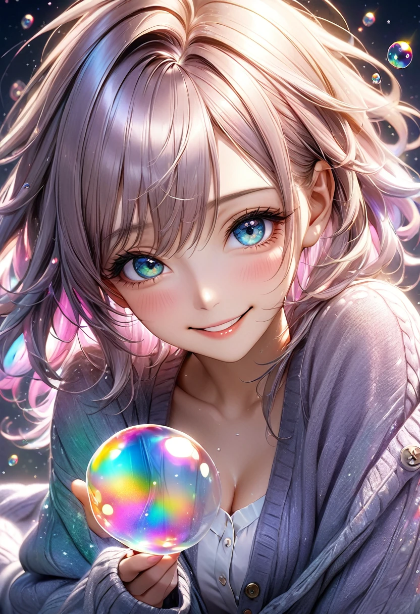 cute woman, amorous and lewd face, the best smiling, beautiful eyes, make-up, messy hair, great proportion, loose size cardigan, (ultra detailed, absolutely resolution, best quality:1.3), 2.5D, delicate and dynamic, shading effects, hyper realistic, artistic photography, glitter effects, foggy effects, iridescent soap bubble effects, graphic CG digital art