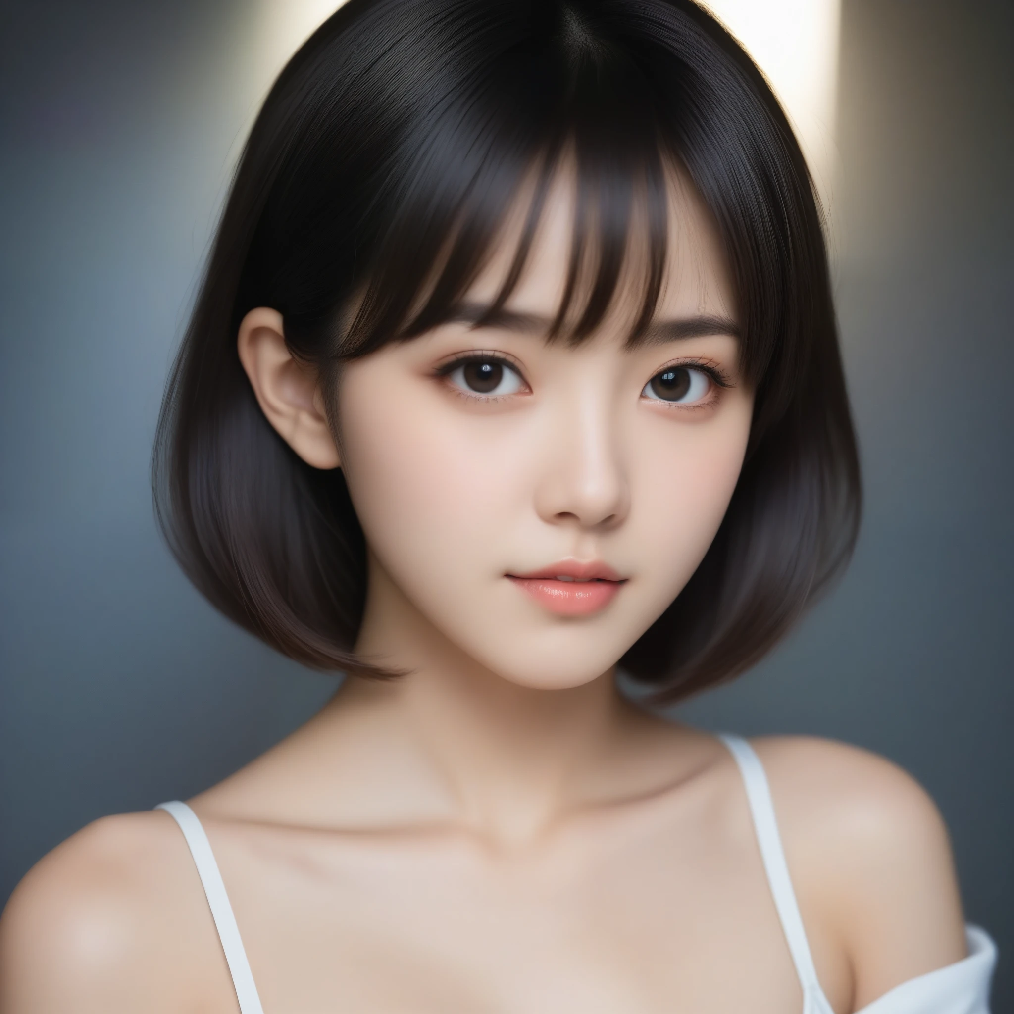 8k, Ultra-high resolution, Highest quality, masterpiece, 三分割法によるphotograph,Surreal, photograph, 1 Girl, (16 years old:1.3), pretty girl, Cute Face, Beautiful eyes in every detail, 細かくdetailedに,masterpiece,One Girl:1.2,Japan Female Teachers,extream close up,sad,glaring,Black short hair,Bob with bangs,(印象派の美しい少女のPortraiture),(Impressionist light and colour), (Avant-garde attire:1.3),(Fairy,Shiny Hair, Beautiful dark eyes, So cute and beautiful,16 years old, ), (smile:0.8),Sharp contours,Looking down, (A future never imagined), ((Abstract background)), Light from above, Low contrast, (Side view),, Perfect and beautiful face ,完璧でCute Face, Skin with attention to detail, Perfect limbs、Narrow waist,Looking at the audience,(((Ideal body type))),A cup small breasts :2,Portraiture:2,Perfect Anatomy,鮮明なdetailed,detailed,Surreal,Light and shadow,stage lights