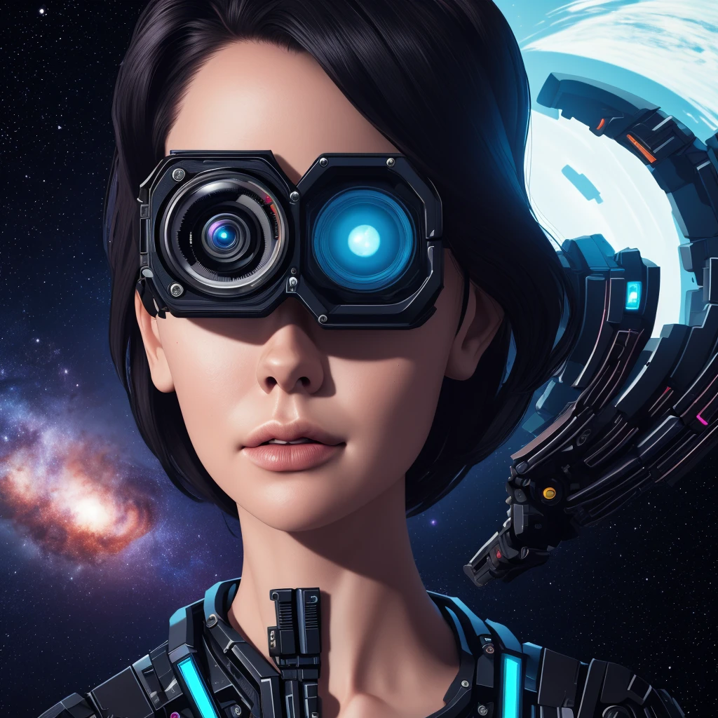 A beautiful cyberpunk woman stares directly into the camera, half of her face is the most intricate clockwork ever seen in the universe, the "mechanical" side of her face is completed by her eye reflecting a milkyway style galaxy, the other side of her face is perfect and normal with no cybernetics or mechanics, photoreal, sony a7s, 35mm, hyperdetail, 32k render, raytracing,Anatomically Correct, ((full body))