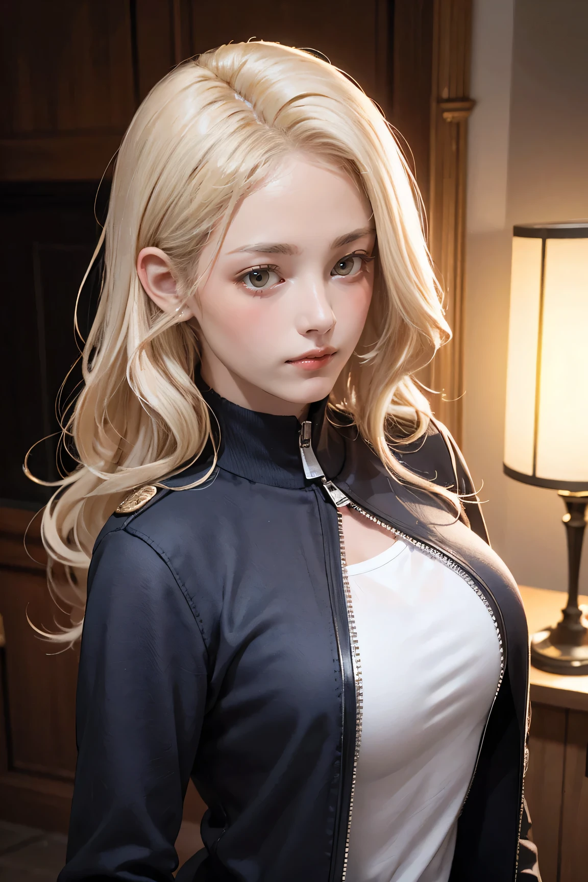 ((((masterpiece, Highest quality, High resolution)))), Very detailed16K, スリムな体を持つsexlyな美しい21歳の日本人の女の子, (ultra HD, Very detailed, Very detailed, Very realistic, ultra-realistic, Photo Real), (One girl:1.5), (Light blonde hair:1.2), Long Spanish Curls, (Dynamic pose), To the camera, A light smile, (Big shiny breasts, Glowing Skin: 1.2), (Beautifully detailed face, Beautiful and delicate brown eyes), (Shiny white long captain cotton jacket, The zipper on the chest is wide open and won't close, Black see-through lace bra, Shiny black cotton pants:1),Shine, (Beautiful sunset, Soft sunlight), sexlyな長い脚, naked,Exposed breasts,sexly, blush,Looking up at the sky, ultra-realisticな広大な風景, photogenic scenery,Standing on the board in a shiny pose, Luxury Yacht ,