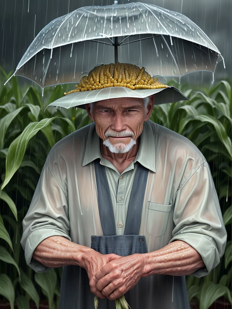 Senior man growing corn in the rain