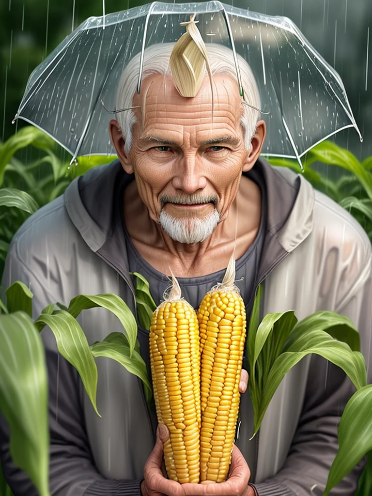 Senior man growing corn in the rain