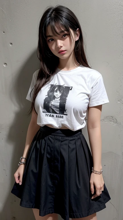 solo , 1girl , American girl , shirt rock punk styes , big breast , skirt rock punk styes , bracelet