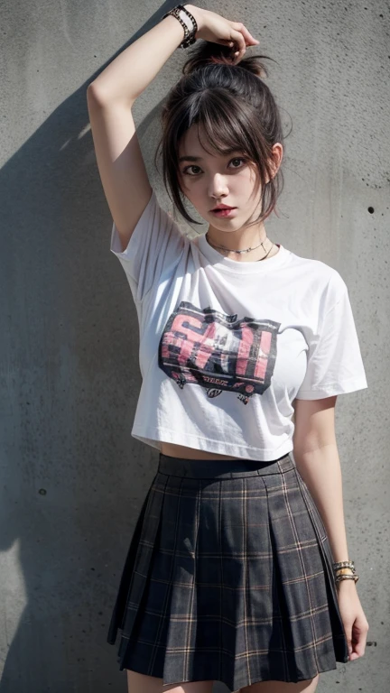 solo , 1girl , American girl , shirt rock punk styes , big , skirt rock punk styes , bracelet