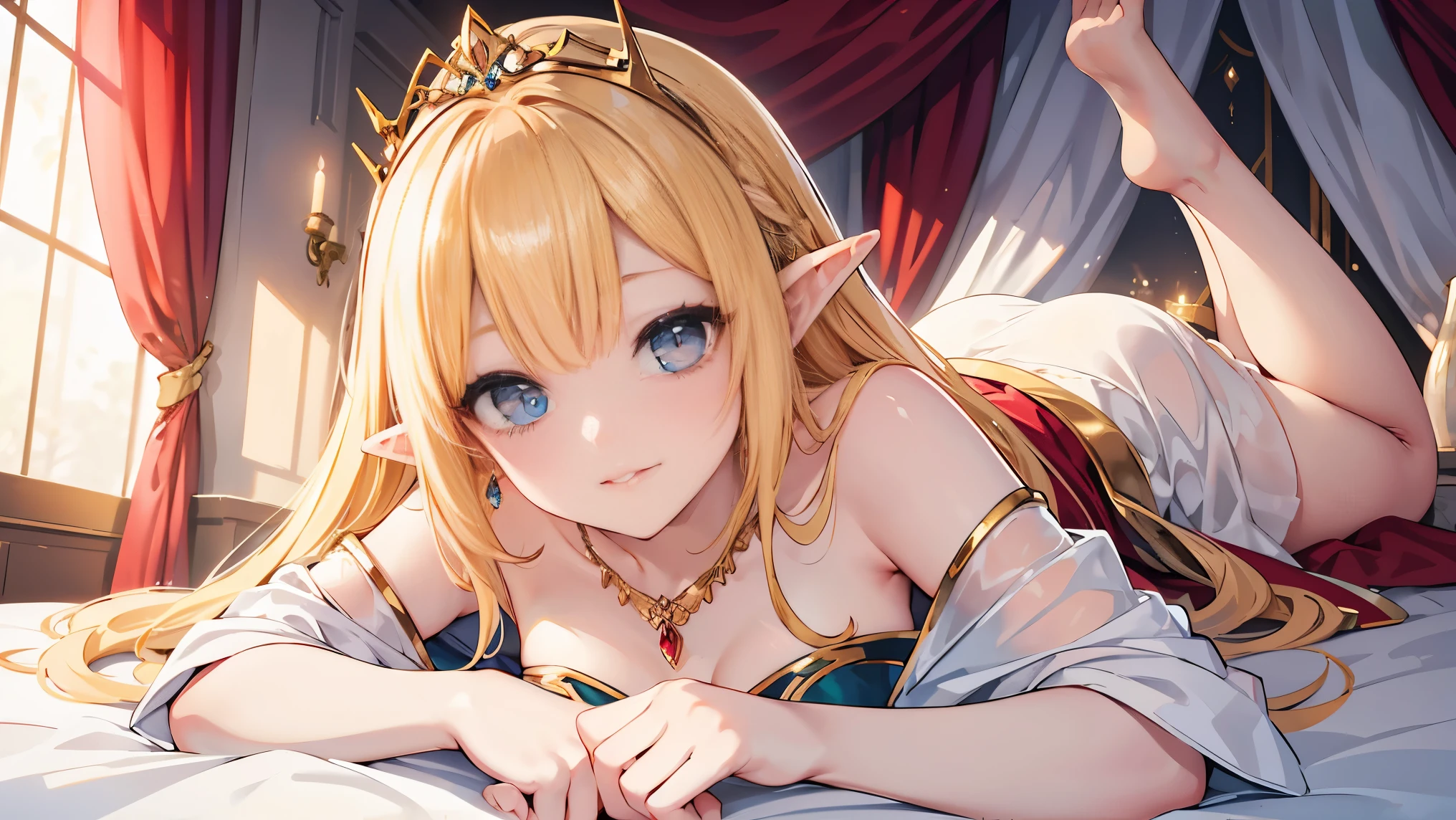 ((best quality)), ((masterpiece)), (detailed), perfect face, detailed face. detailed eyes, Pointy ears, elf, elven queen, lying on canopy bed, silk sheets, Off-the-shoulder, gold dress, ruby ​​necklace, bejeweled tiara, Lying down, seductive pose, seductive smile, Lips with rouge, Blue eyes, blonde hair, Top-down composition