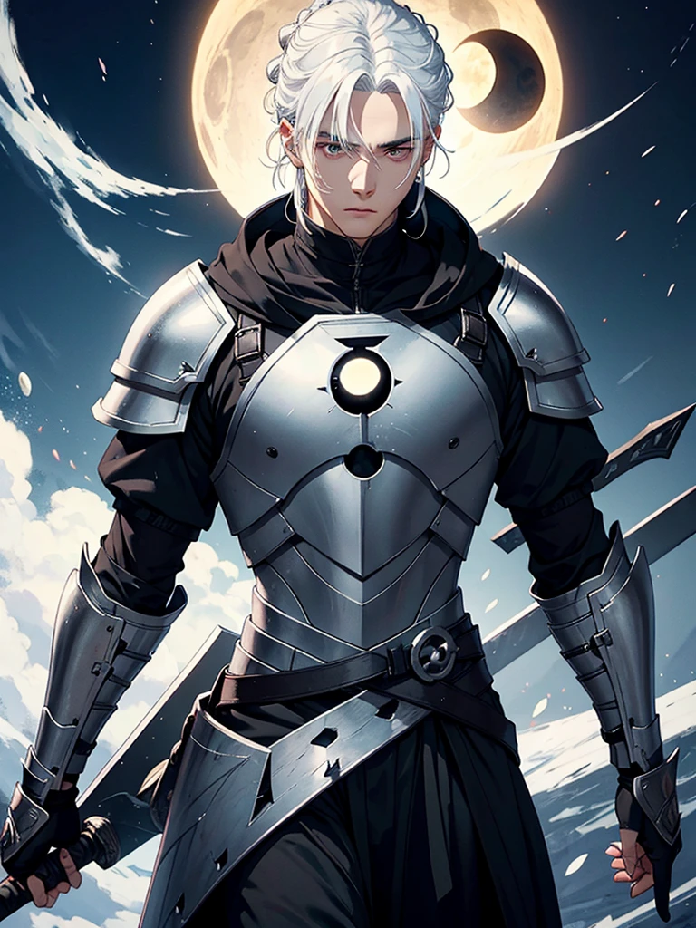 young man, white hair, hair tied at the base of the neck, wearing black armor with a circle of force symbolizing an eclipse on the chest of the armor, carrying a grand black sword