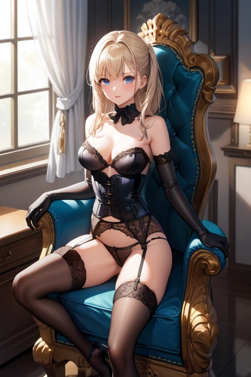 ((Highest quality)), ((masterpiece)), (detailed), One girl, ((bare shoulders)), ((black bustier)), ((black stockings)), ((black g-string)), ((black high heels)), ((black garter belt)), ((black elbow gloves)), ((chair)), ((female sitting in a chair)),