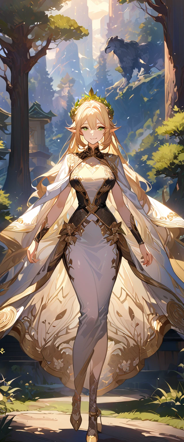 masterpiece, best quality, 8k ,4k , 1girl, elf queen, blond reddish hair, green eyes, big chest, gold wreath crown, hair ornament, finely detailed eyes and detailed face, looking at viewer, white sleeveless, Lace dress, patterned clothes, gold embroidery clothes, meticulous clothes, mature clothes, transparent cape with lace, majestic looks, smiling gently, small bird, full body, big tree background, inspired by Asukaziye artist : ask, art style : ask