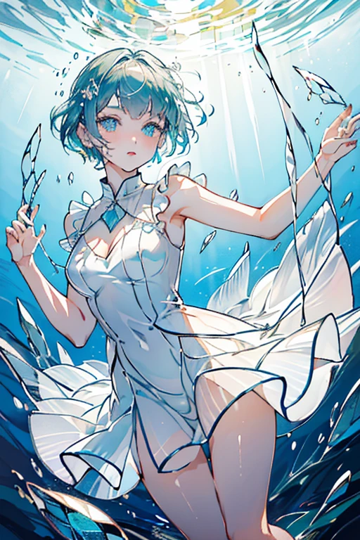 (masterpiece, 最high quality:1.2), One Girl, high quality,beautiful,,Ocean,((((Glassでできた水着)))),((Glass)),(((Transparency))),Light,mirror,dance,Detailed face,blue eyes,Short Hair