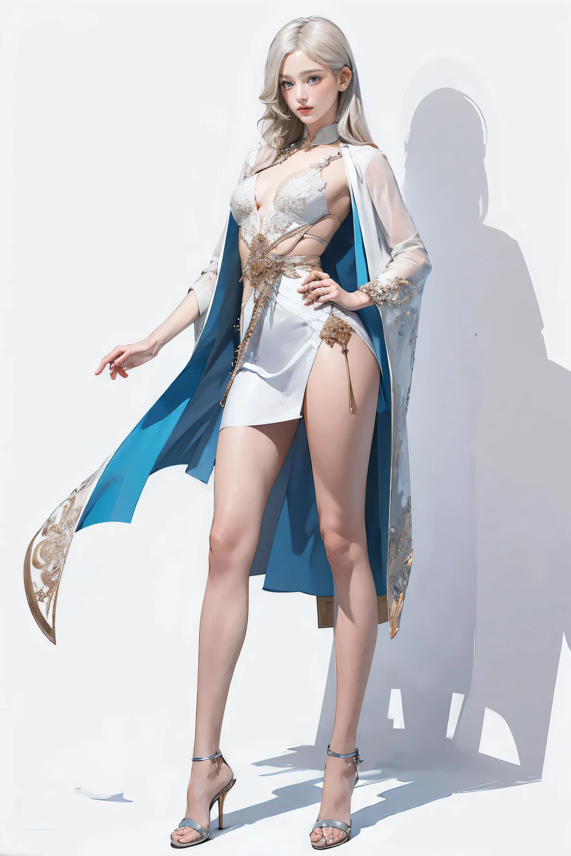 Master of animation, A perfect masterpiece, On a pure white background、Dressed in cool, sexy and modern clothes、Sexy mature modern woman standing, Flowing silver hair, Full Body Stand Posture, Thin legs, Straight chest, Detailed facial details, Natural and beautiful standing posture, Crisp and realistic body detail