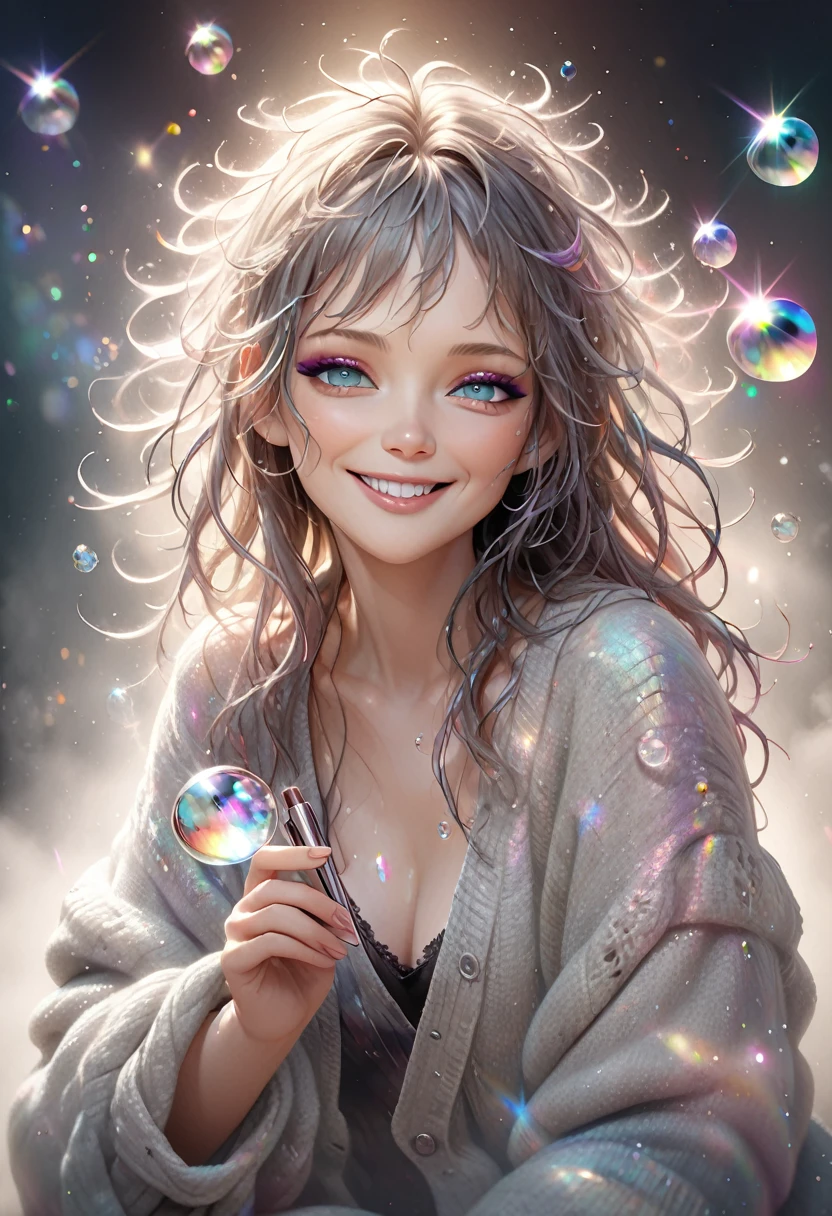 cute woman, amorous and lewd face, the best smiling, beautiful eyes, make-up, messy hair, great proportion, loose size cardigan, (ultra detailed, absolutely resolution, best quality:1.3), 2.5D, delicate and dynamic, shading effects, hyper realistic, artistic photography, glitter effects, foggy effects, iridescent soap bubble effects, graphic CG digital art