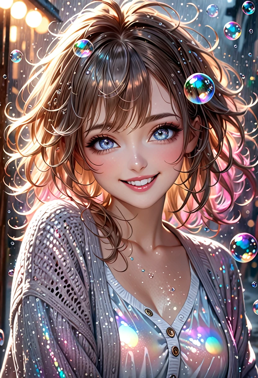 cute woman, amorous and lewd face, the best smiling, beautiful eyes, make-up, messy hair, great proportion, loose size cardigan, (ultra detailed, absolutely resolution, best quality:1.3), 2.5D, delicate and dynamic, shading effects, hyper realistic, artistic photography, glitter effects, foggy effects, iridescent soap bubble effects, graphic CG digital art