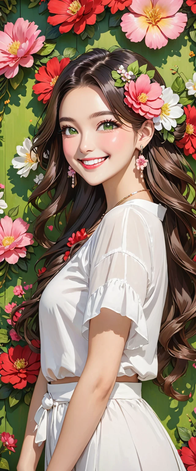 woman with White  shirt and pink flower in hair in front of green flower wall, 1girl, solo, flower, jewelry, hair ornament, earrings, hair flower, red nails, smile, long hair