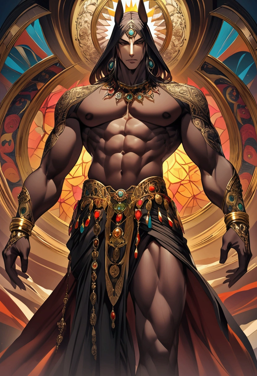 Handsome dark-haired man with a toned body, he is the God Anubis