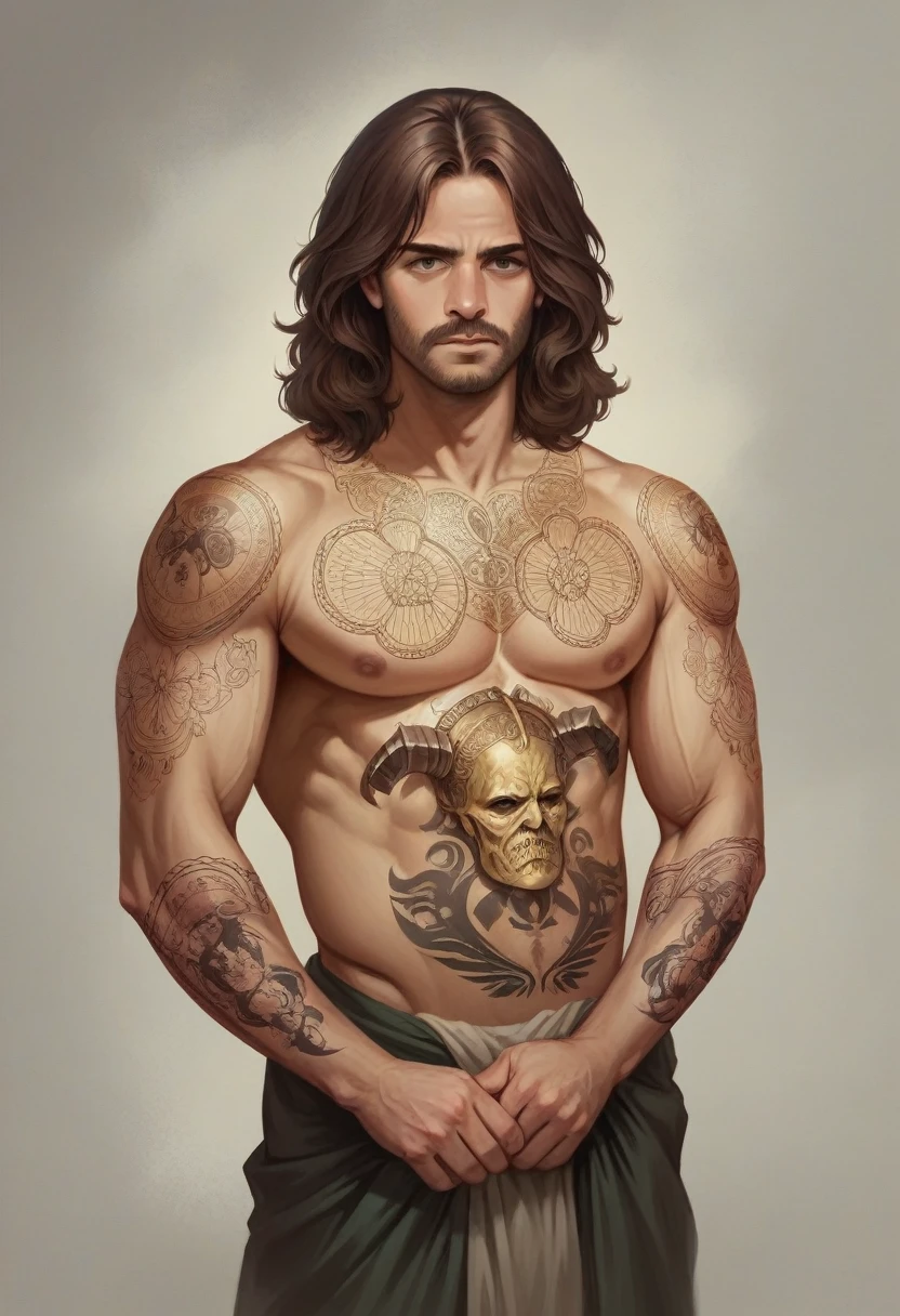 tall man, muscular, medieval tattoos, ultra detailed face, medium hair, brown hair, golden skin, masterpiece, best quality, extremely detailed, Hyper realistic, Photorealistic, 8k, 4k.