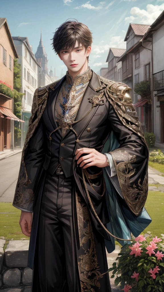 (absurdres, highres, ultra detailed, HDR), masterpiece, intricate, best quality, portrait of a character from Ikemen Shoujo Manga, a male idol in a detailed scenery town background