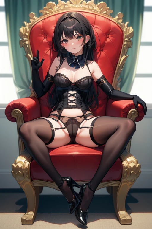 ((Highest quality)), ((masterpiece)), (detailed), One girl, ((bare shoulders)), ((black bustier)), ((black stockings)), ((black g-string)), ((black high heels)), ((black garter belt)), ((black elbow gloves)), ((chair)), ((female sitting in a chair)), foreshortening,