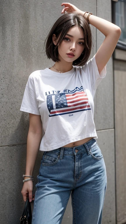 solo , 1girl , American girl , shirt rock punk styes , big breast , blue trousers jeans , bracelet