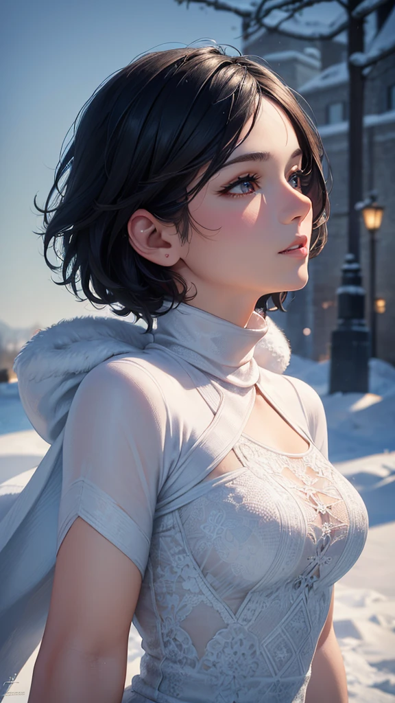 a beautiful woman with short black hair, flat face, side profile view looking upwards, brown eyes, ice flakes decorating, fantasy style, (best quality,4k,8k,highres,masterpiece:1.2),ultra-detailed,(realistic,photorealistic,photo-realistic:1.37),detailed eyes,detailed lips,extremely detailed face,longeyeslashes,fantasy,ice,snowflakes,cold,winter