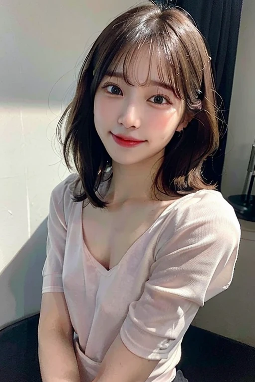 (8k、RAW Photos、Highest quality)、(Realistic、Photorealistic:1.37)、1 girl、Seeing the viewer、Beautifully detailed face、A smile with slightly visible teeth、narrow、(Narrow waist) :1.3)、gender、Beautifully detailed skin、Skin Texture、((short hair))、Small breasts、Professional Lighting、Evening city center、Human whole body、Brown Hair、Flat Chest、、See-through、ピンクのNipplesが見える、Small breasts、小さなNipples、See-through underwear、White underwear、透けてNipplesが見える、Nipples、