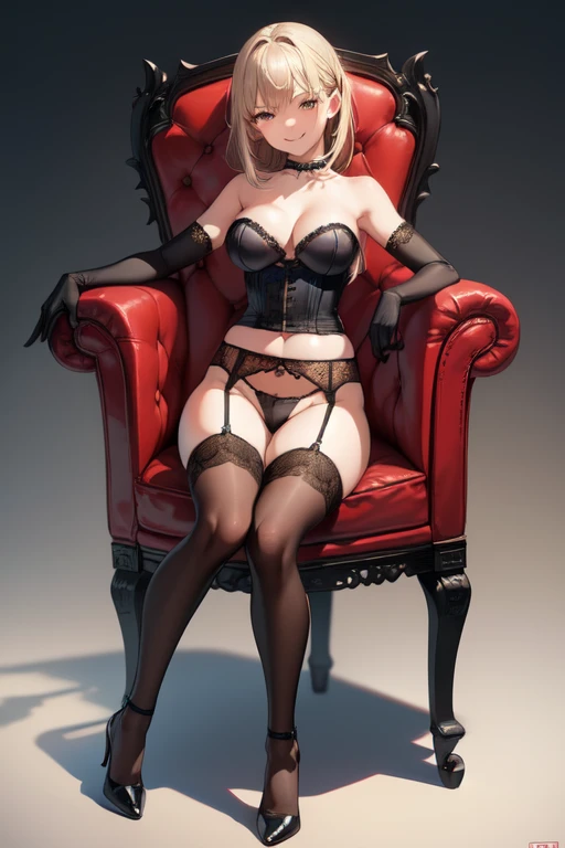 ((Highest quality)), ((masterpiece)), (detailed), One girl, ((bare shoulders)), ((black bustier)), ((black stockings)), ((black g-string)), ((black high heels)), ((black garter belt)), ((black elbow gloves)), ((chair)), ((female sitting in a chair)), foreshortening, evil grin,